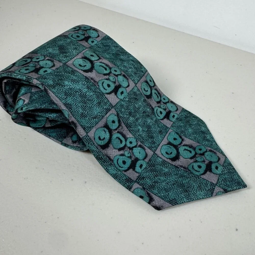 LEO Chevalier Silk Tie Teal Geometric Pattern Made in Canada Career Office Wear